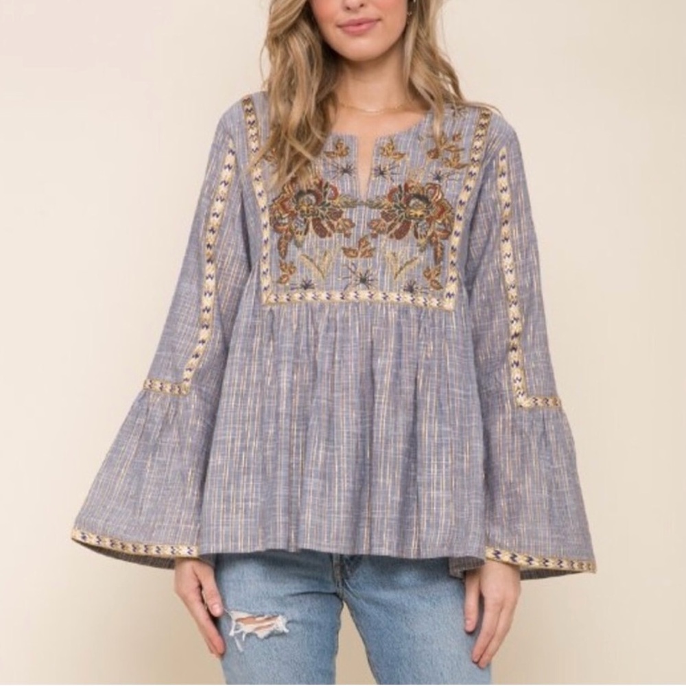 Raga Eileen Floral Embroidered Blouse Bell Sleeve Metallic Stripe size Small